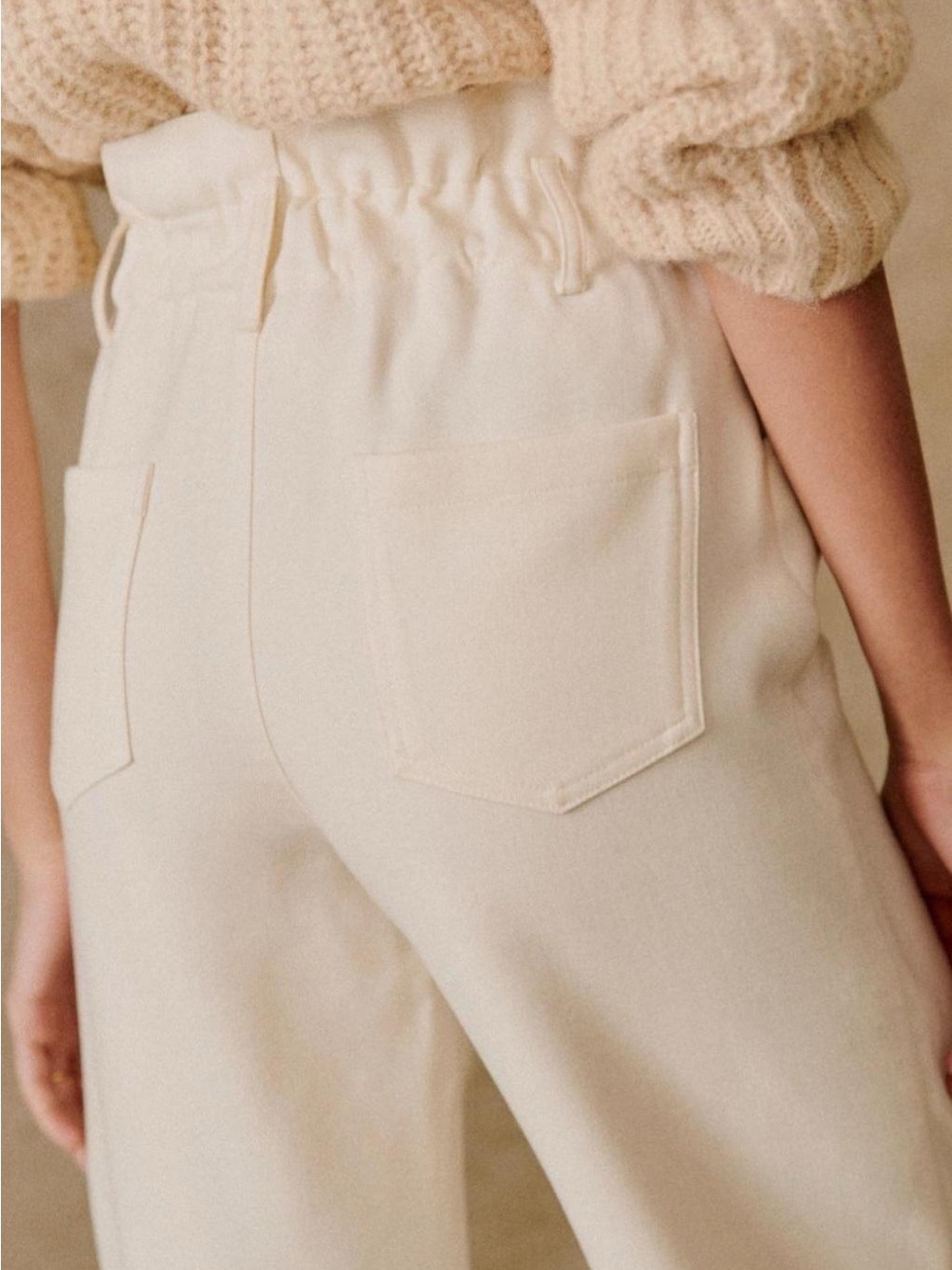 SEZANE Cream Wide-Leg Paperbag Waist Trousers with Adorable Buttons